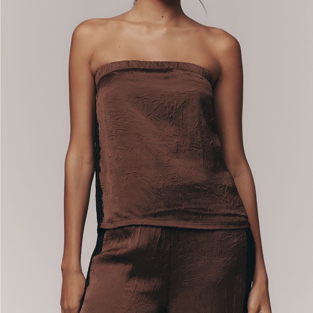 Anthropologie Chocolate Brown Satin Strapless Textured Top